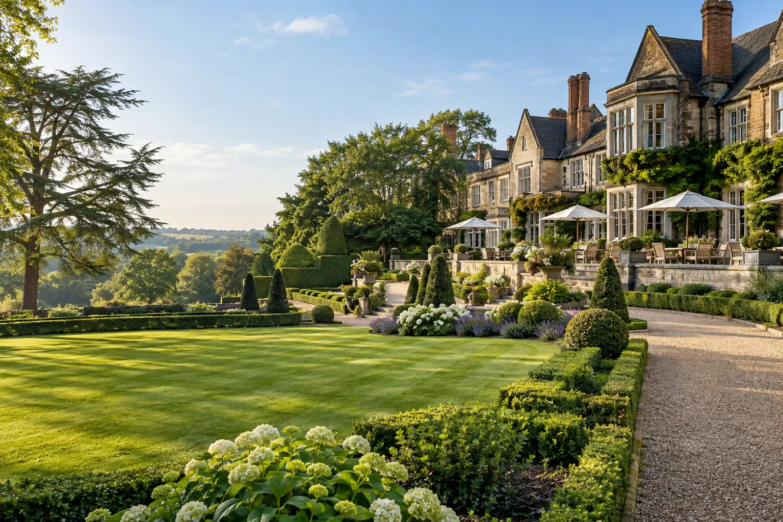 Immaculate landscaped grounds at an upscale country hotel