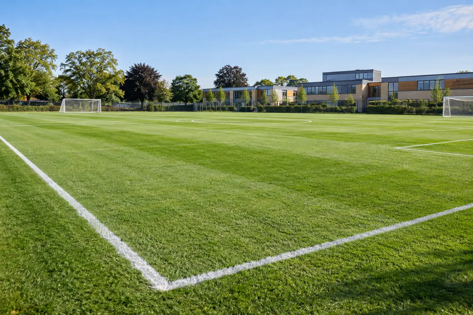 Maintained school football pitch with crisp white line markings