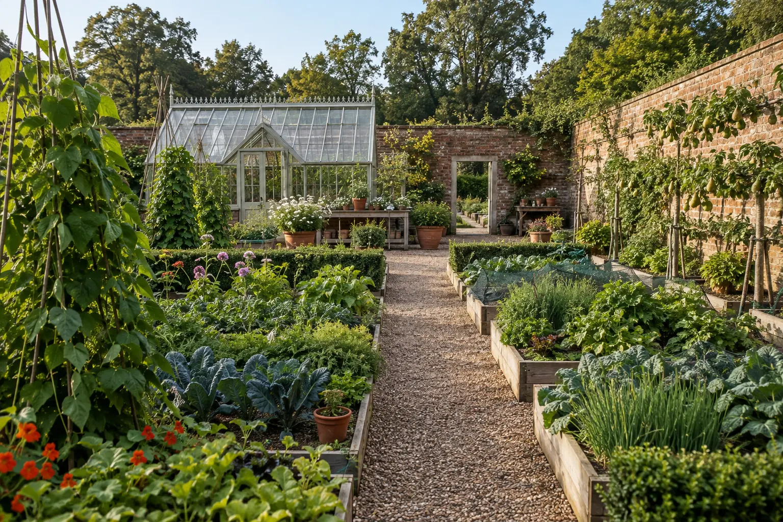 Well-maintained walled kitchen garden and traditional glasshouse