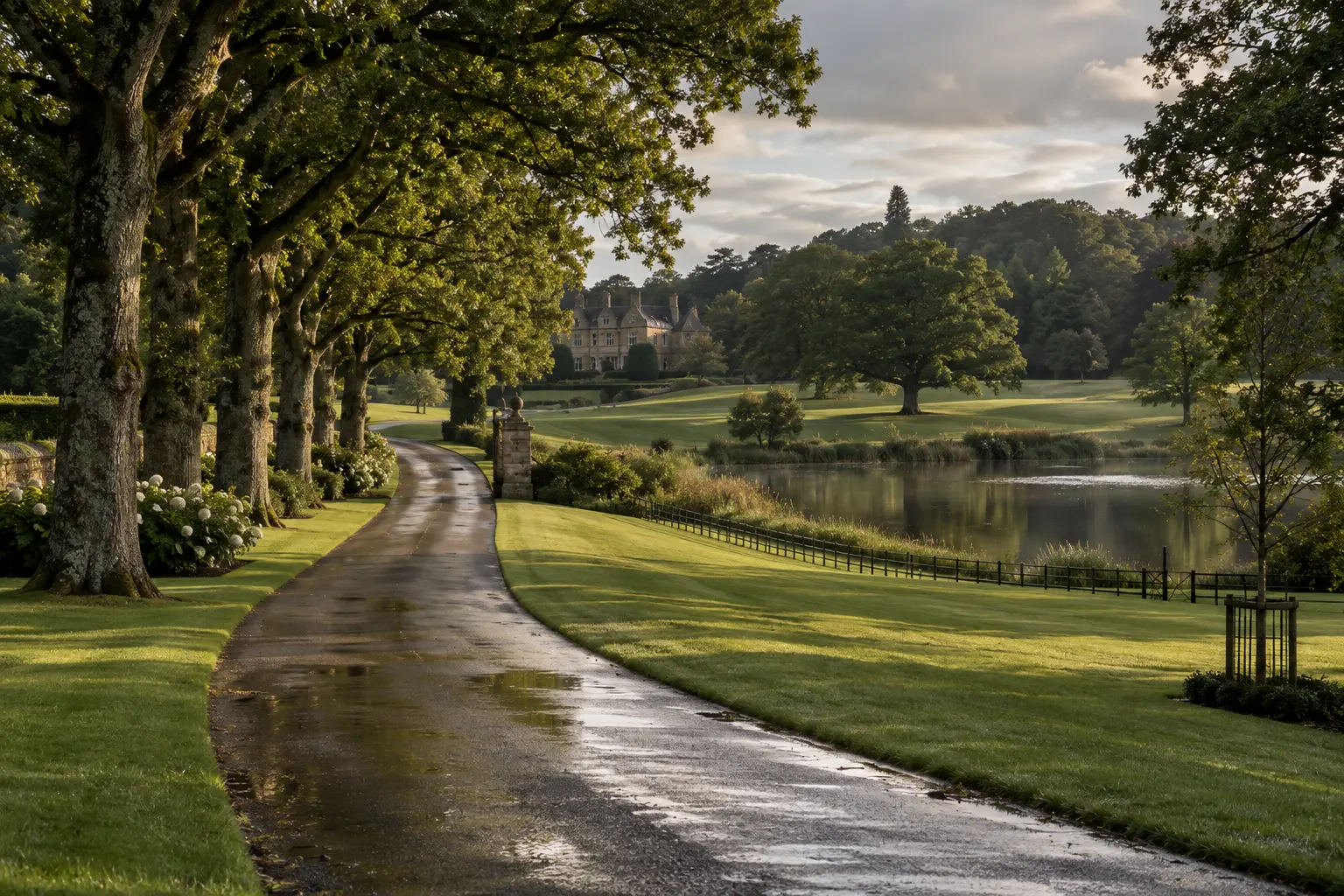 Secluded private estate parkland, driveway and lake