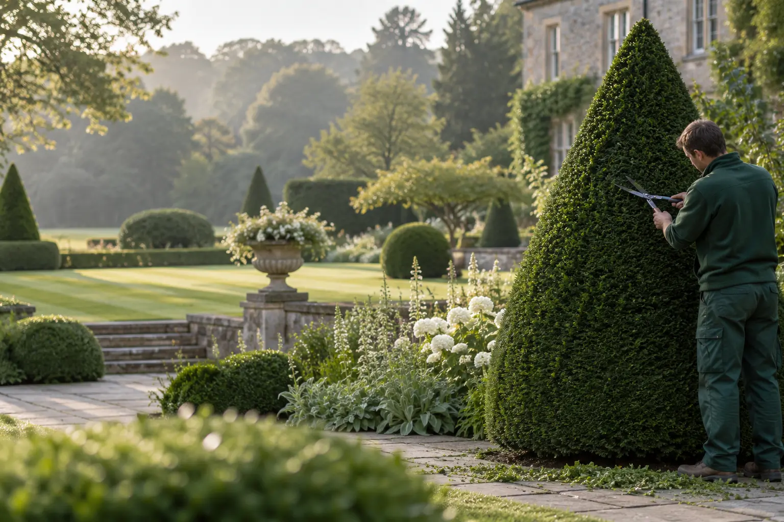 Professional grounds operative carefully maintaining topiary in a formal private estate garden