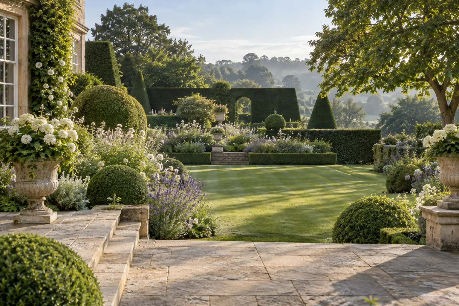 Formal private garden with topiary, borders and immaculate lawn